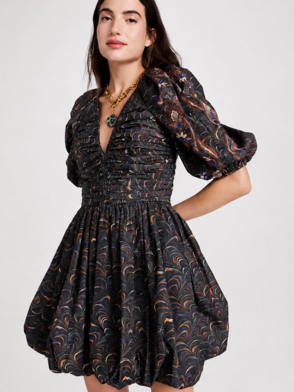 Ulla Johnson Gwen Mini Dress Black Marble Print Puff Sleeve Balloon Hem Size 0